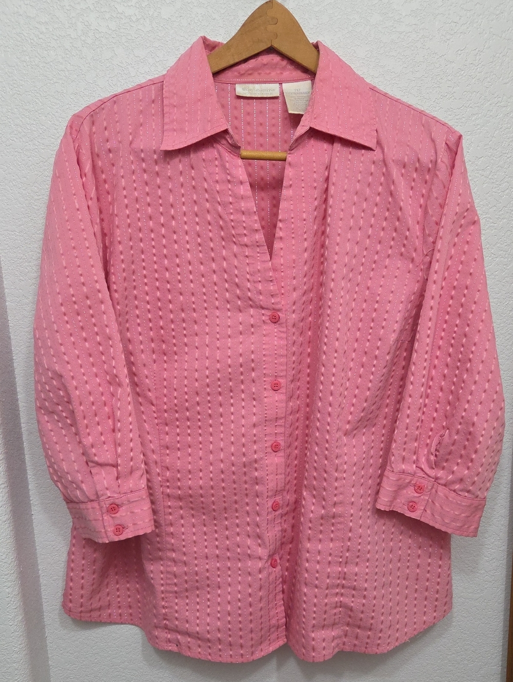 Worthington Womens Strerch Pink Button-Up Fitted Textured Cotton Blouse